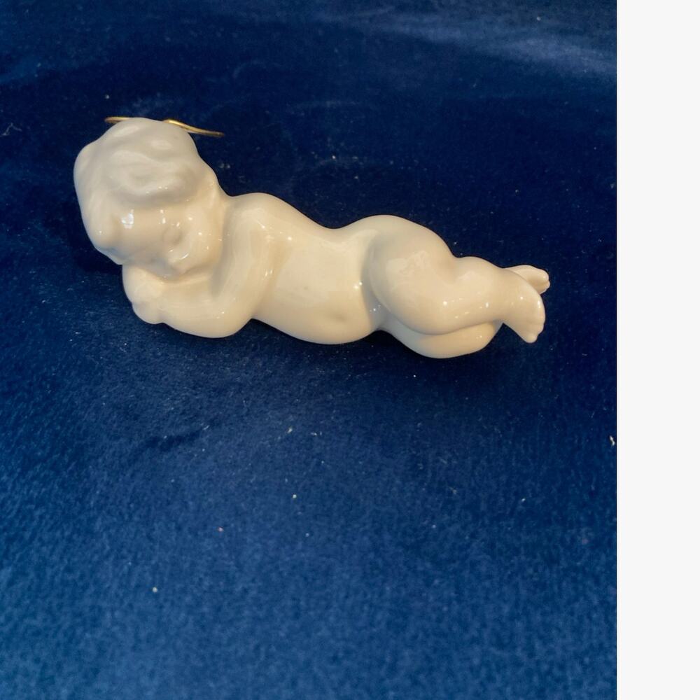 Lladro Reclining Cherub Angel Figurine w Gold Halo 4” Porcelain Spain Gloss